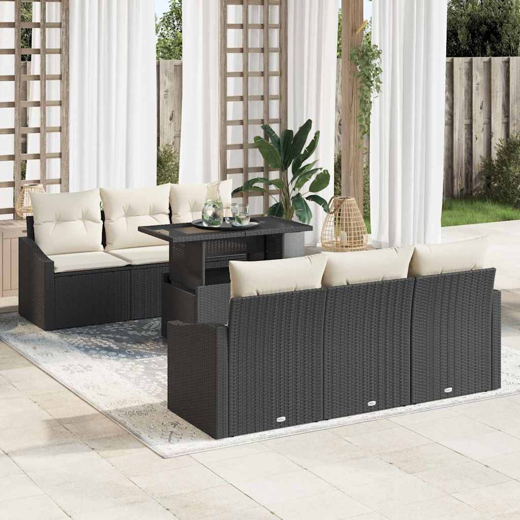 Set Divano da Giardino con cuscino 7 pcs Nero polyrattan