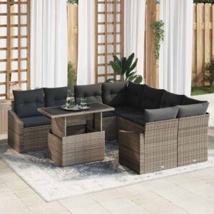 Set Divano da Giardino 9 pcs Grigio Poly Rattan