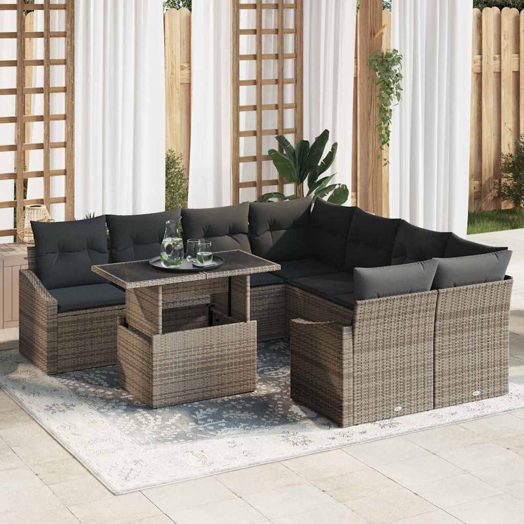 Set Divano da Giardino 9 pcs Grigio Poly Rattan