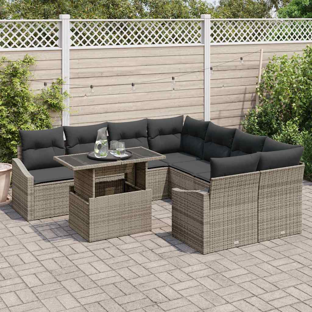 Set Divano da Giardino 9 pcs Grigio Poly Rattan - immagine 3