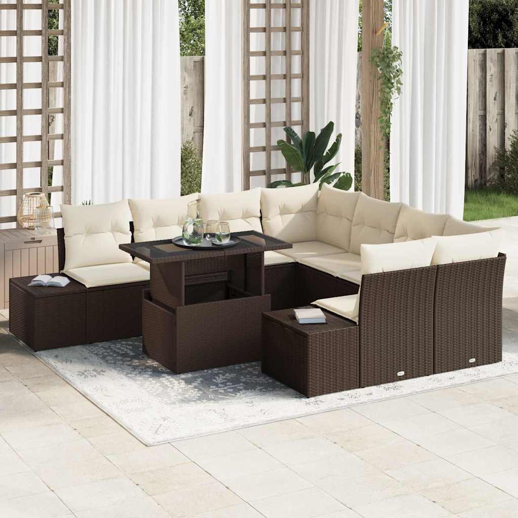 Set Divano da Giardino con cuscino 9 pcs Marrone e Crema