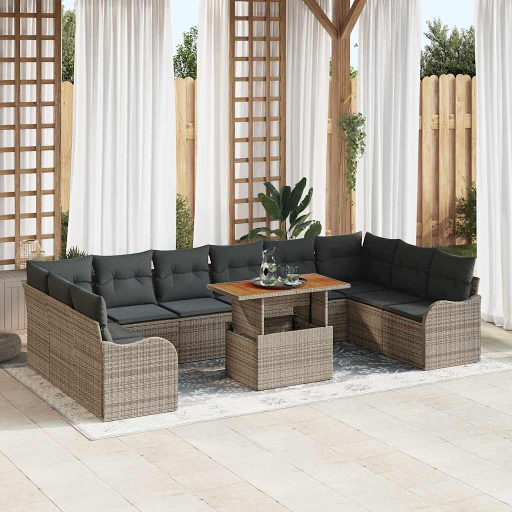 Set Divano da Giardino 11 pcs Grigio Poly Rattan
