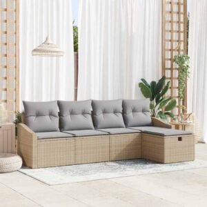Set Divano da Giardino con cuscino 5 pcs Beige Poly Rattan