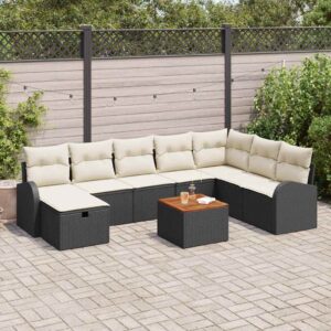 Set Divano da Giardino con cuscino 9 pcs Nero Poly Rattan