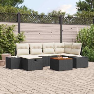 Set Divano da Giardino con cuscino 7 pcs Nero Poly Rattan