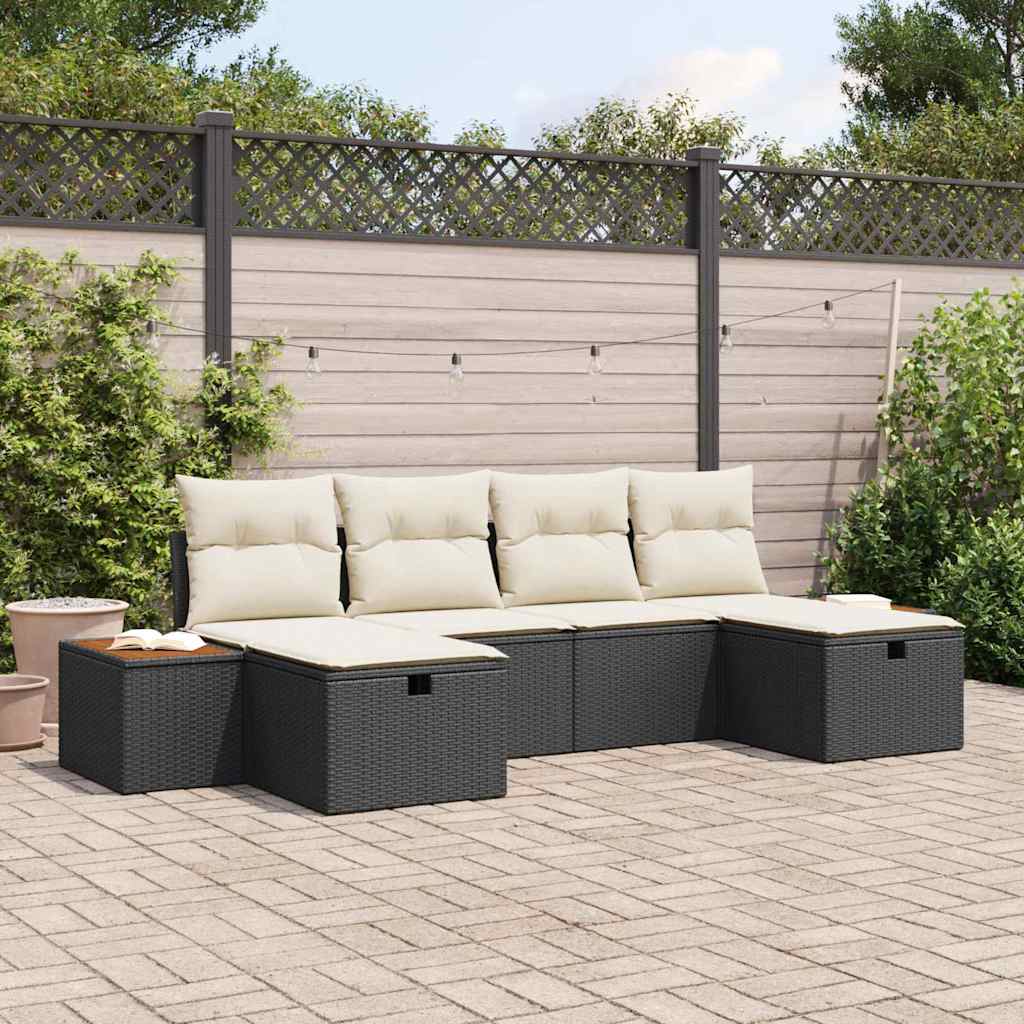 Set Divano da Giardino con cuscino 6 pcs Nero Poly Rattan