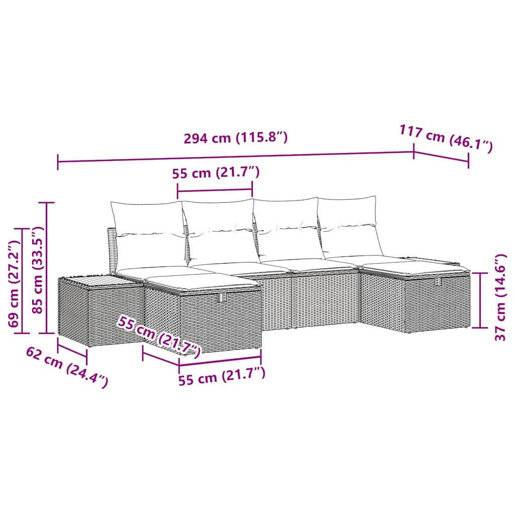 Set Divano da Giardino con cuscino 6 pcs Nero Poly Rattan - immagine 9