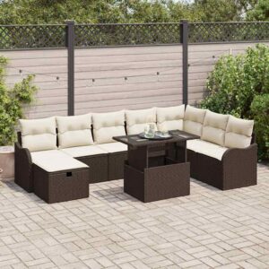 Set Divano da Giardino con cuscino 9 pcs Marrone Poly Rattan