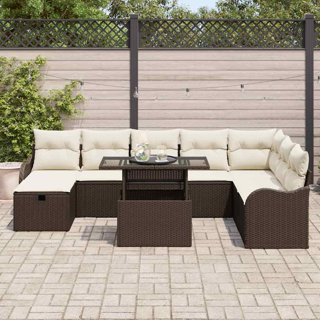 Set Divano da Giardino con cuscino 9 pcs Marrone Poly Rattan - immagine 3