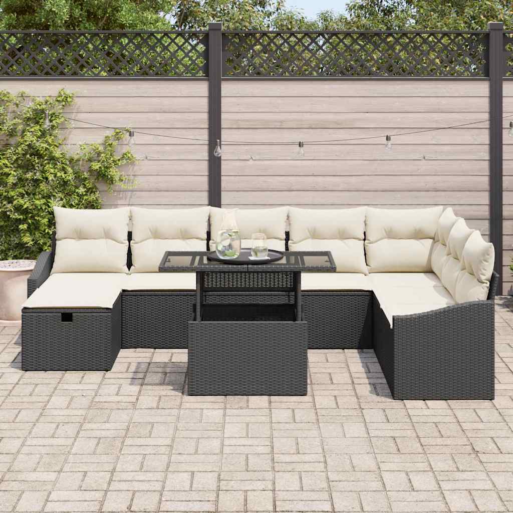 Set Divano da Giardino con cuscino 9 pcs Nero Poly Rattan - immagine 3