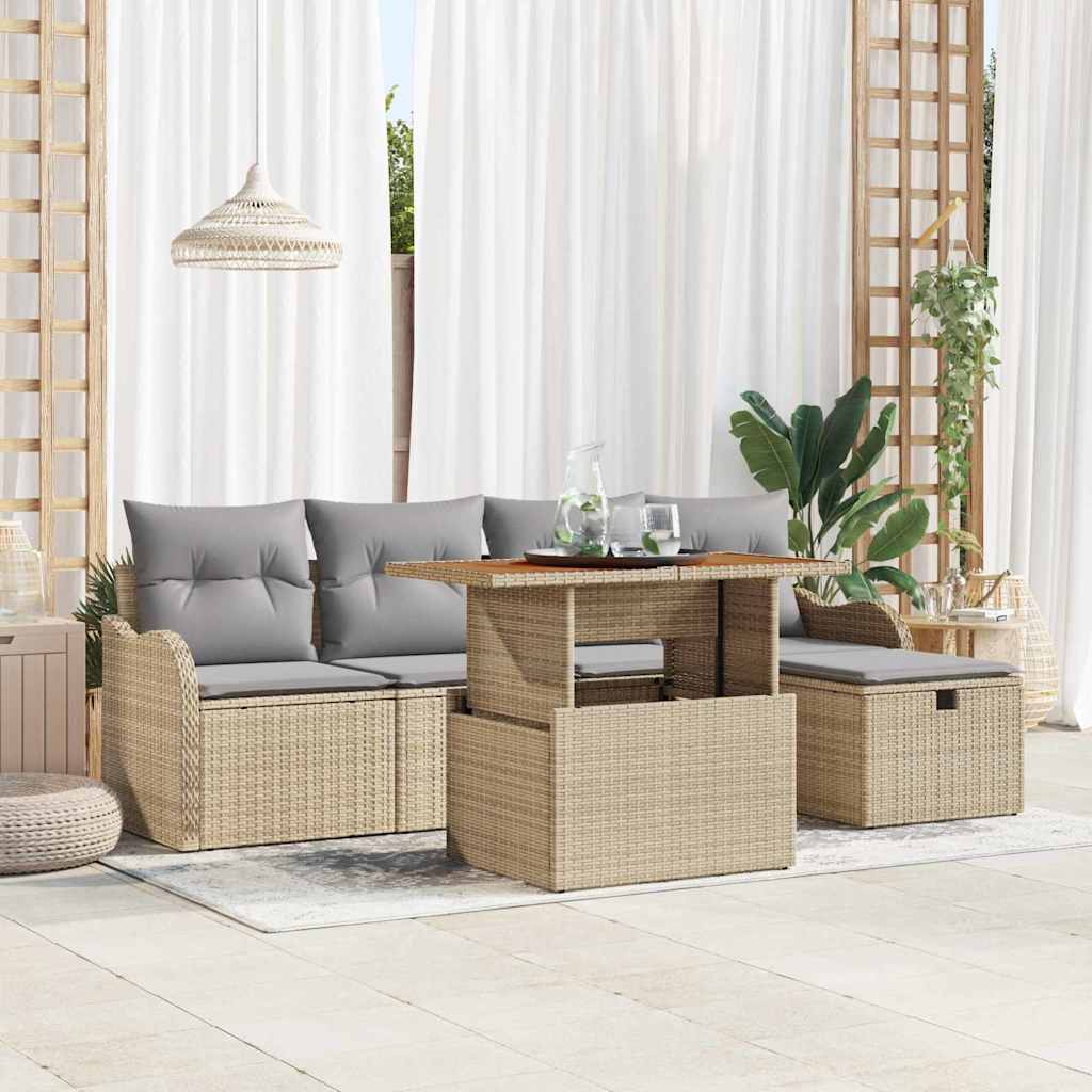 Set Divano da Giardino con cuscino 6 pcs Beige Poly Rattan