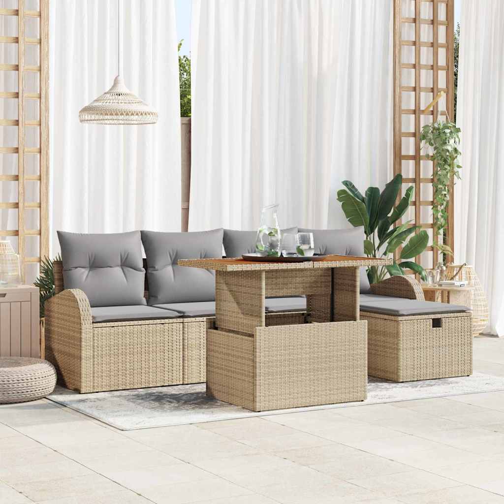 Set Divano da Giardino con cuscino 6 pcs Beige Poly Rattan