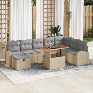 Set Divano da Giardino con cuscino 9 pcs Beige Poly Rattan