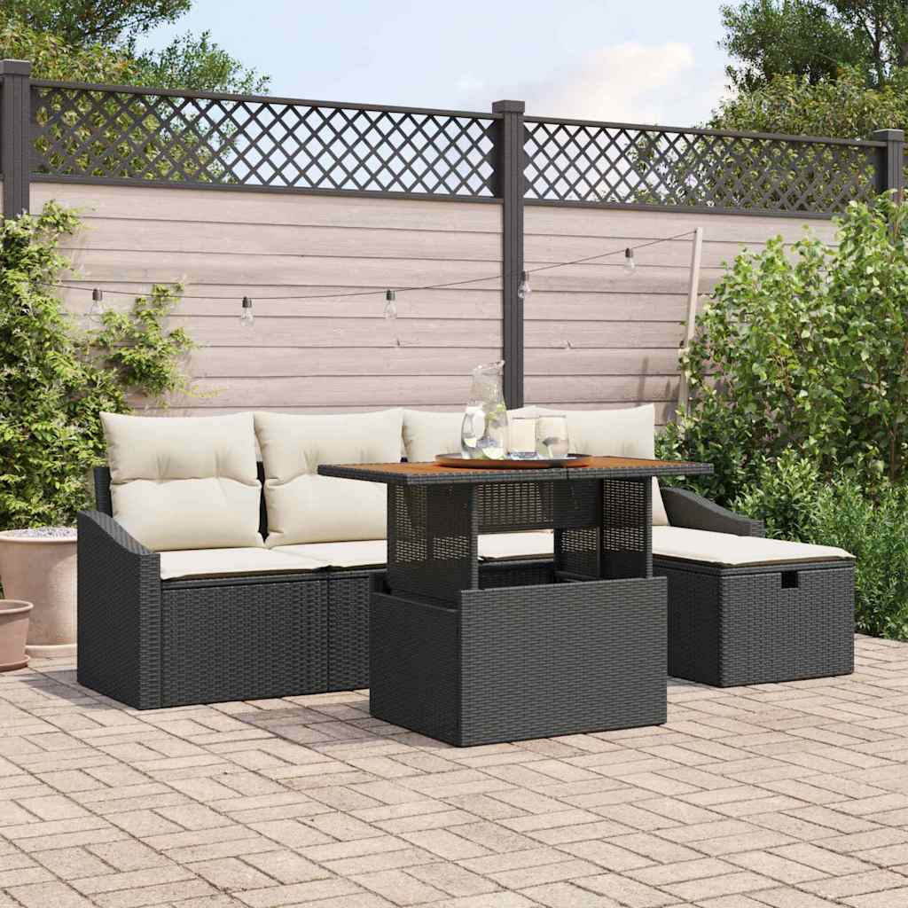 Set Divano da Giardino con cuscino 6 pcs Nero Poly Rattan
