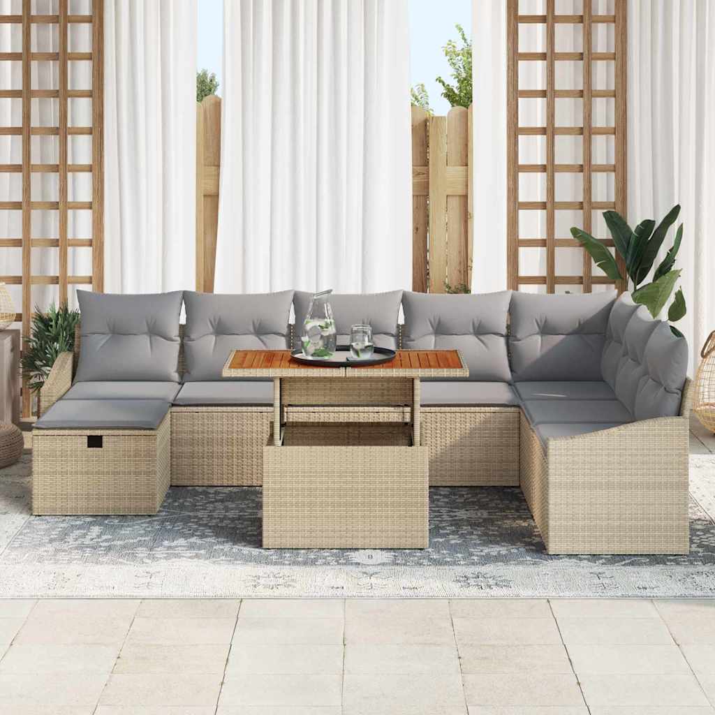 Set Divano da Giardino con cuscino 9 pcs Beige Poly Rattan - immagine 3