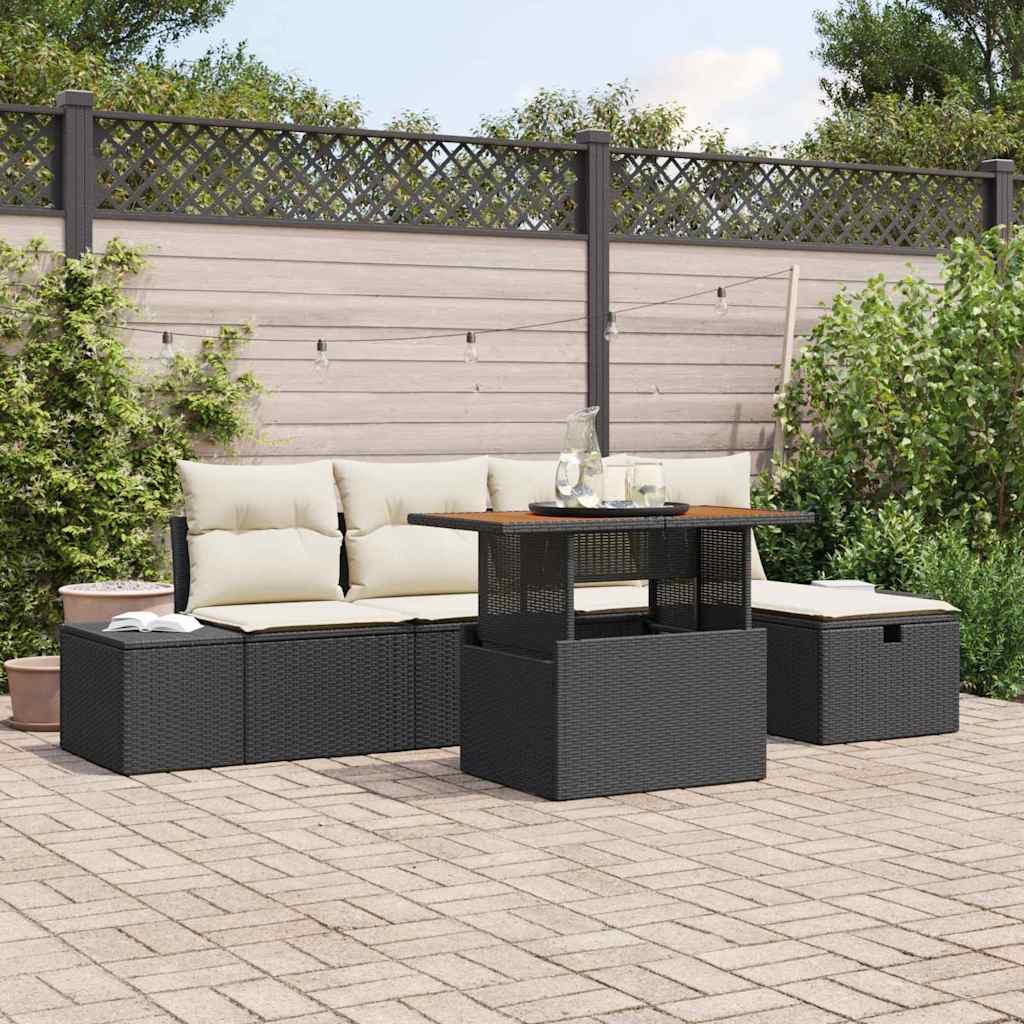 Set Divano da Giardino con cuscino 6 pcs Nero Poly Rattan