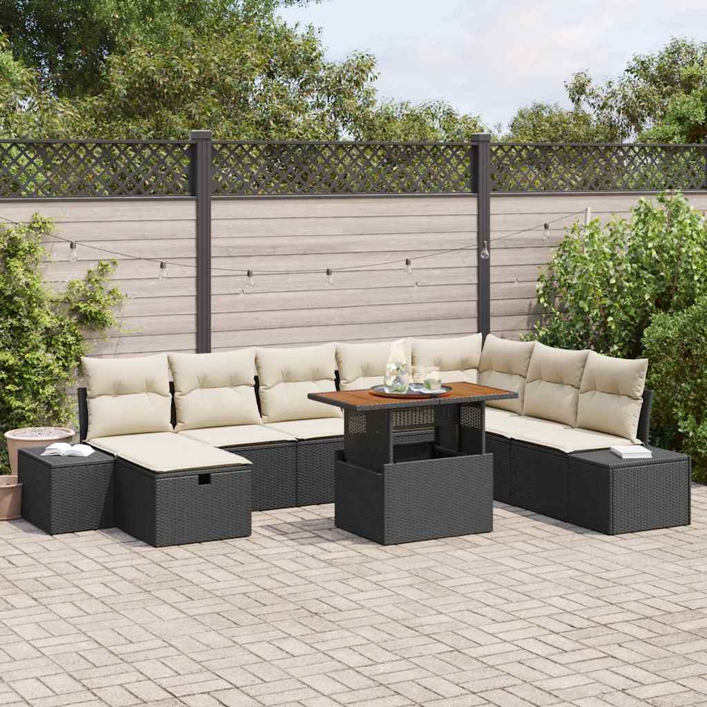 Set Divano da Giardino con cuscino 9 pcs Nero Poly Rattan