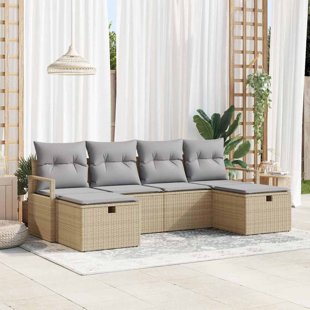 Set Divano da Giardino con cuscino 6 pcs Beige Poly Rattan