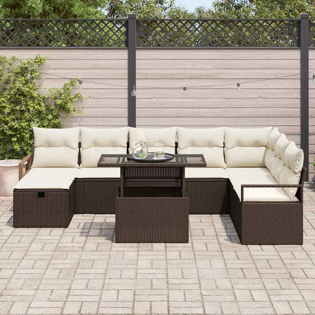 Set Divano da Giardino con cuscino 9 pcs Marrone Poly Rattan - immagine 3