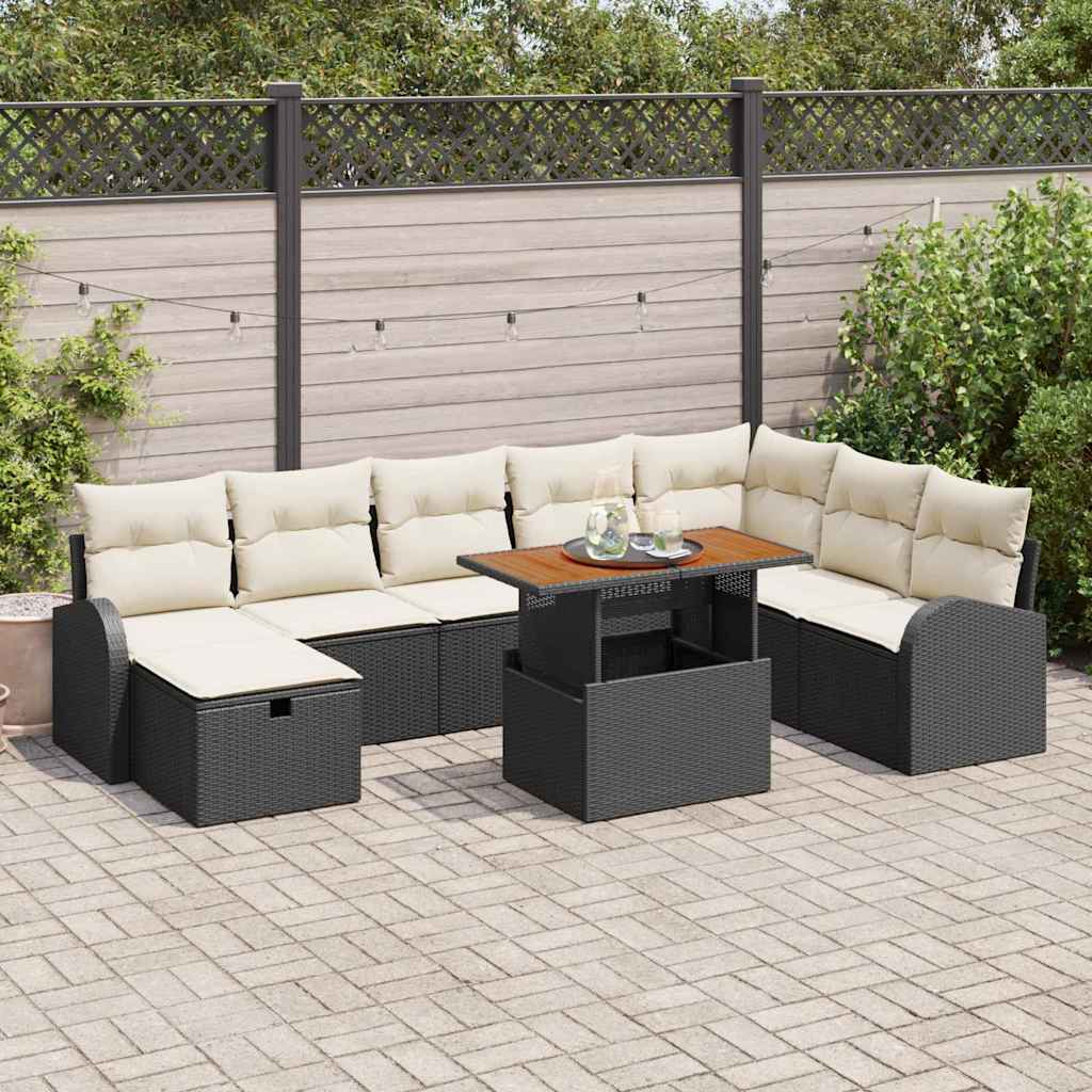 Set Divano da Giardino 9 pcs Nero polyrattan