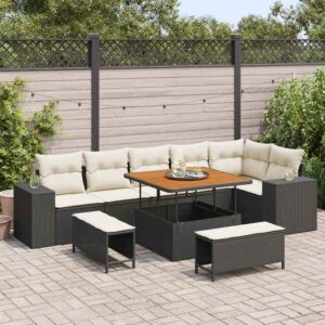 Set Divano da Giardino con cuscino 9 pcs Nero polyrattan