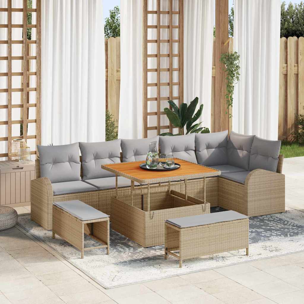 Set Divano da Giardino con cuscino 9 pcs Beige Poly Rattan