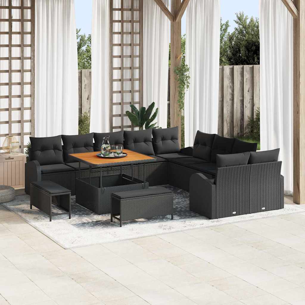 Set Divano da Giardino con cuscino 13 pcs Nero Poly Rattan