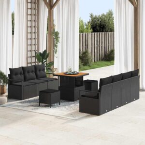 Set Divano da Giardino con cuscino 10 pcs Nero Poly Rattan