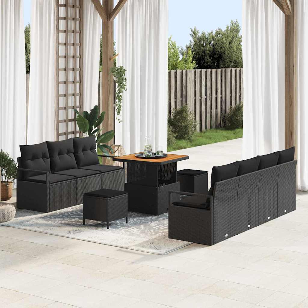 Set Divano da Giardino con cuscino 10 pcs Nero Poly Rattan