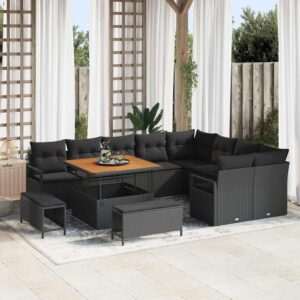 Set Divano da Giardino con cuscino 12 pcs Nero Poly Rattan