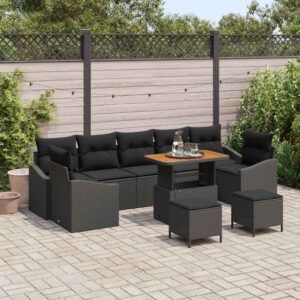 Set Divano da Giardino con cuscino 10 pcs Nero Poly Rattan