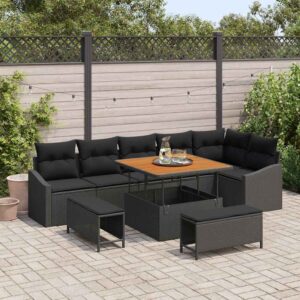 Set Divano da Giardino con cuscino 9 pcs Nero Poly Rattan