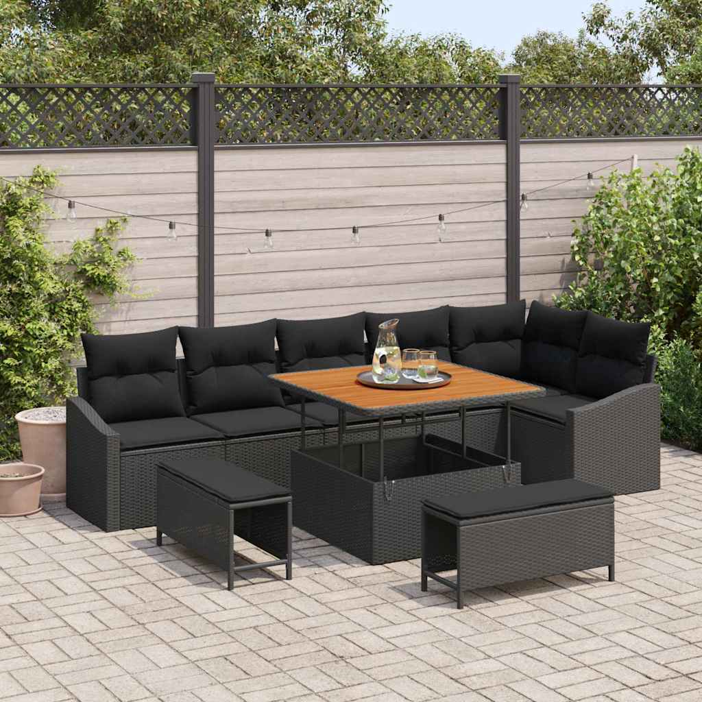 Set Divano da Giardino con cuscino 9 pcs Nero Poly Rattan