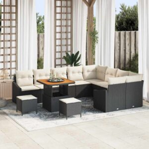 Set Divano da Giardino con cuscino 12 pcs Nero Poly Rattan