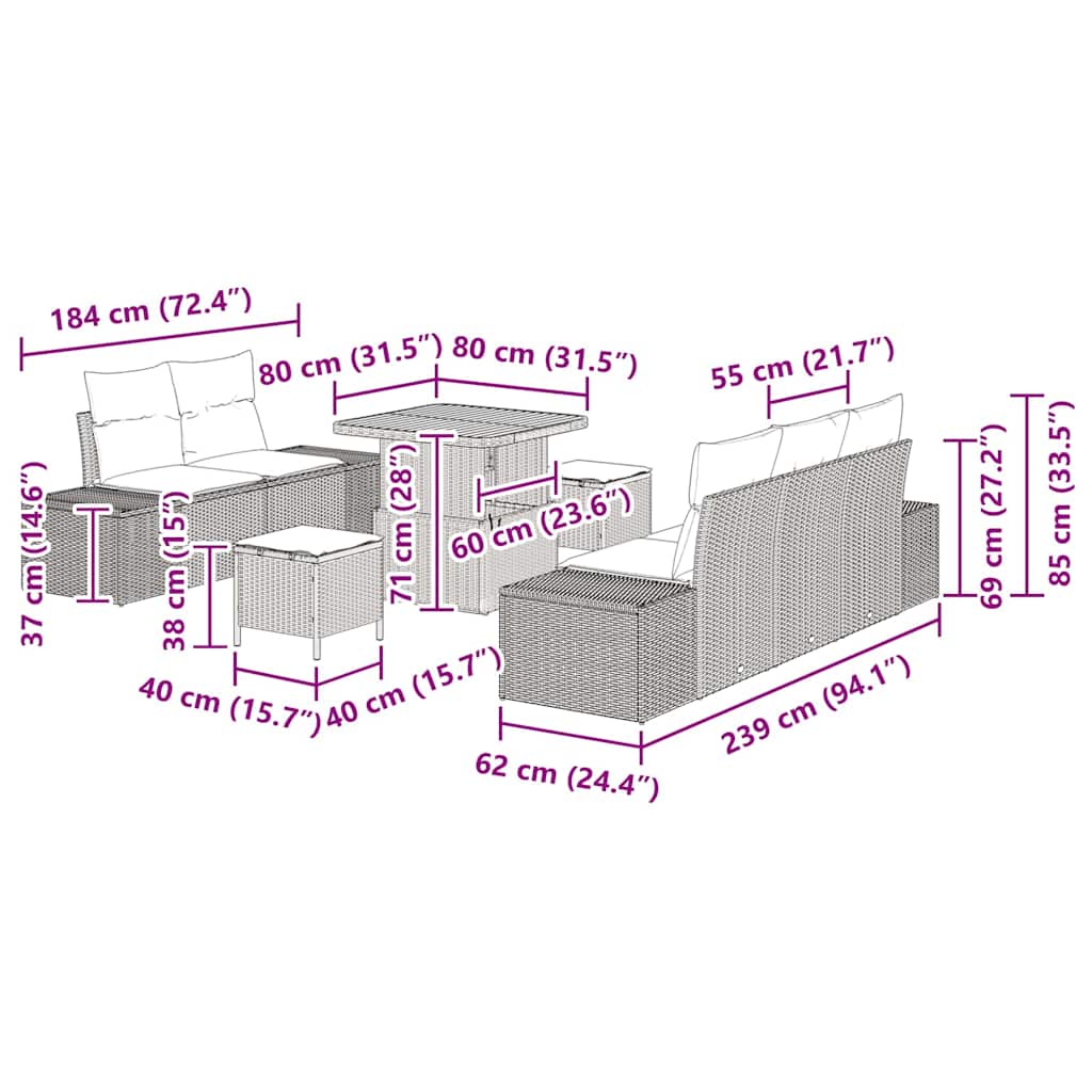 Set Divano da Giardino con cuscino 8 pcs Nero Poly Rattan - immagine 9