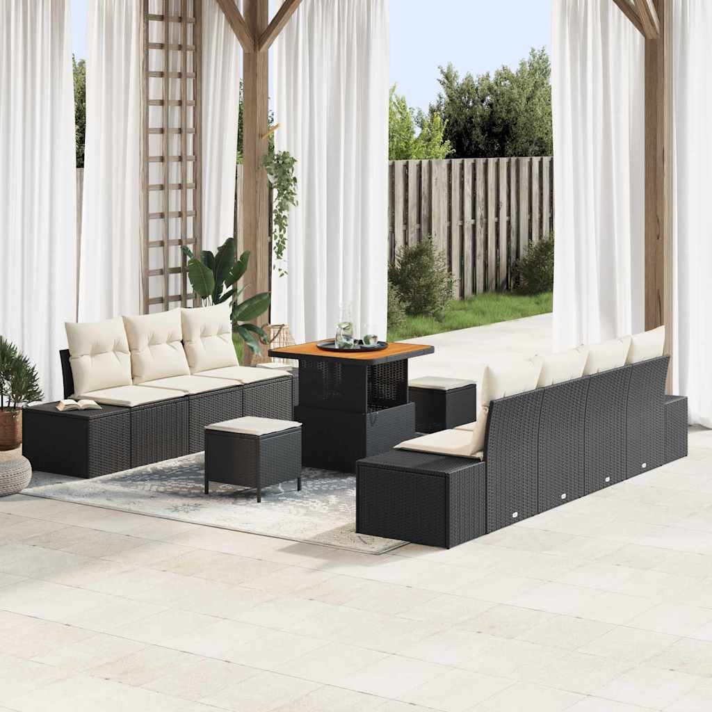 Set Divano da Giardino con cuscino 10 pcs Nero Poly Rattan