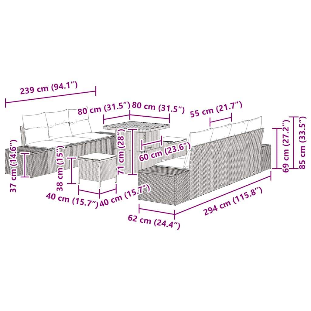 Set Divano da Giardino con cuscino 10 pcs Nero Poly Rattan - immagine 9