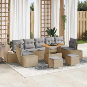 Set Divano da Giardino con cuscino 10 pcs Beige Poly Rattan