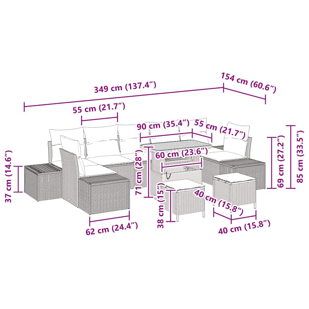 Set Divano da Giardino con cuscino 10 pcs Beige Poly Rattan - immagine 9