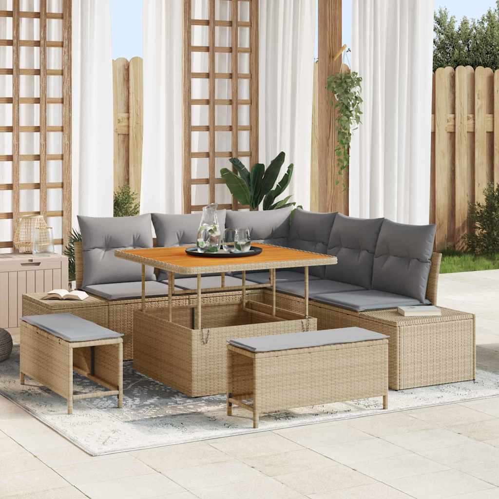 Set Divano da Giardino con cuscino 8 pcs Beige Poly Rattan