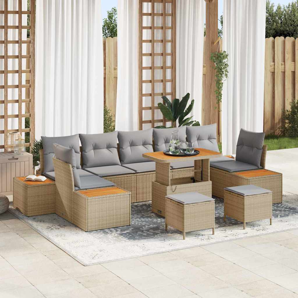 Set Divano da Giardino con cuscino 10 pcs Beige Poly Rattan