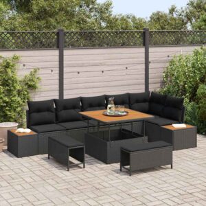 Set Divano da Giardino con cuscino 9 pcs Nero Poly Rattan