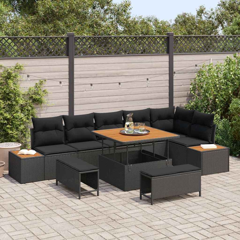 Set Divano da Giardino con cuscino 9 pcs Nero Poly Rattan