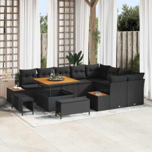 Set Divano da Giardino con cuscino 12 pcs Nero Poly Rattan