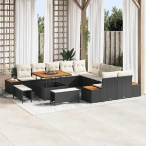 Set Divano da Giardino con cuscino 13 pcs Nero Poly Rattan