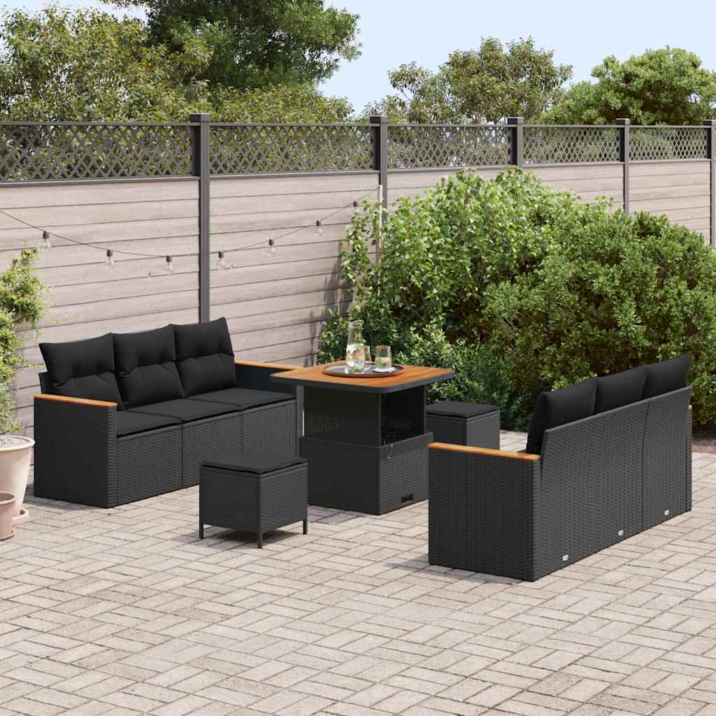 Set Divano da Giardino con cuscino 9 pcs Nero Poly Rattan - immagine 3