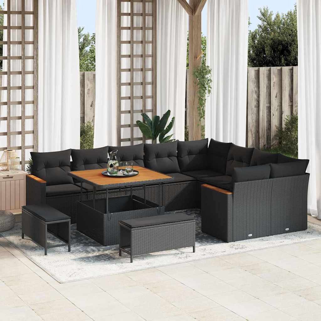 Set Divano da Giardino con cuscino 12 pcs Nero Poly Rattan
