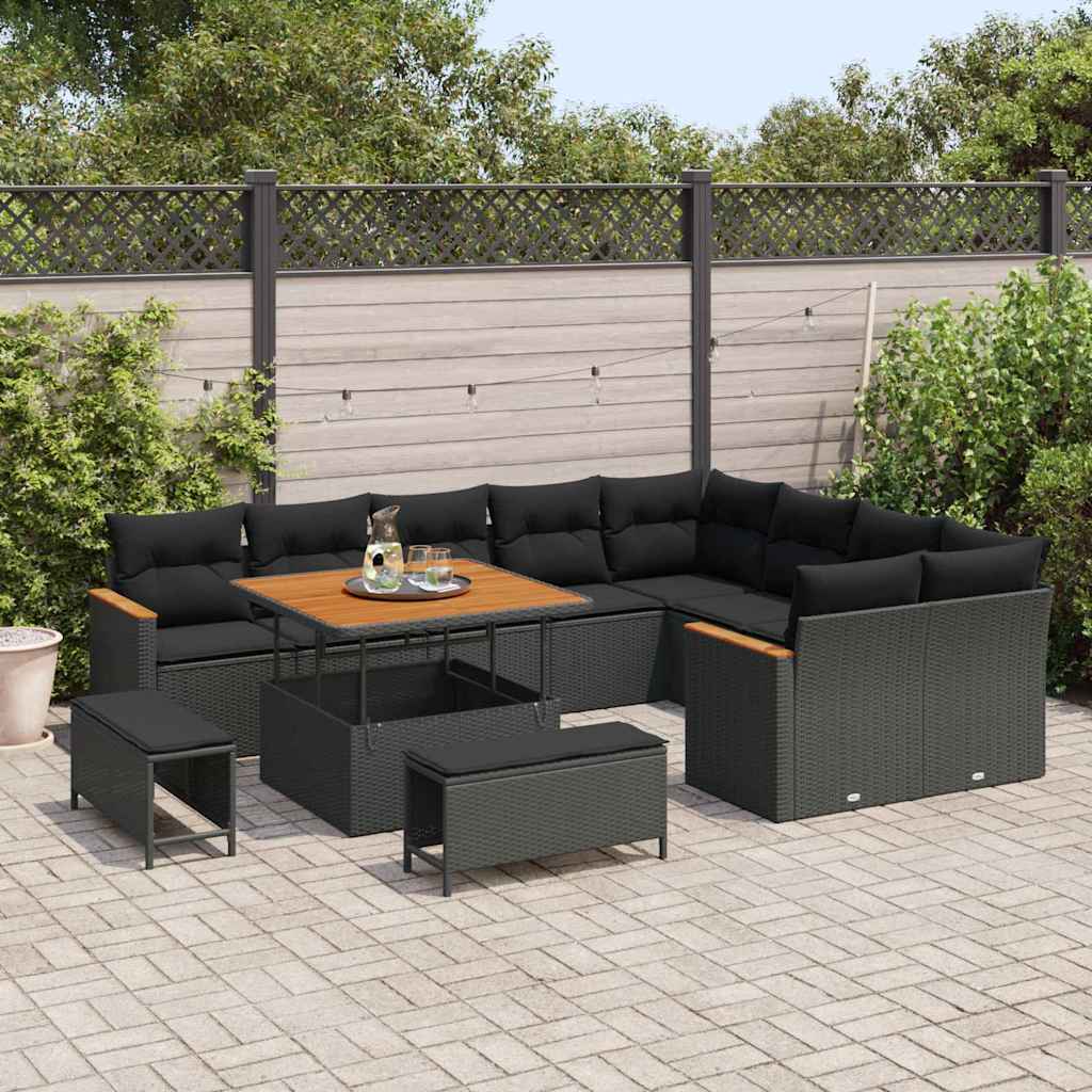 Set Divano da Giardino con cuscino 12 pcs Nero Poly Rattan - immagine 3