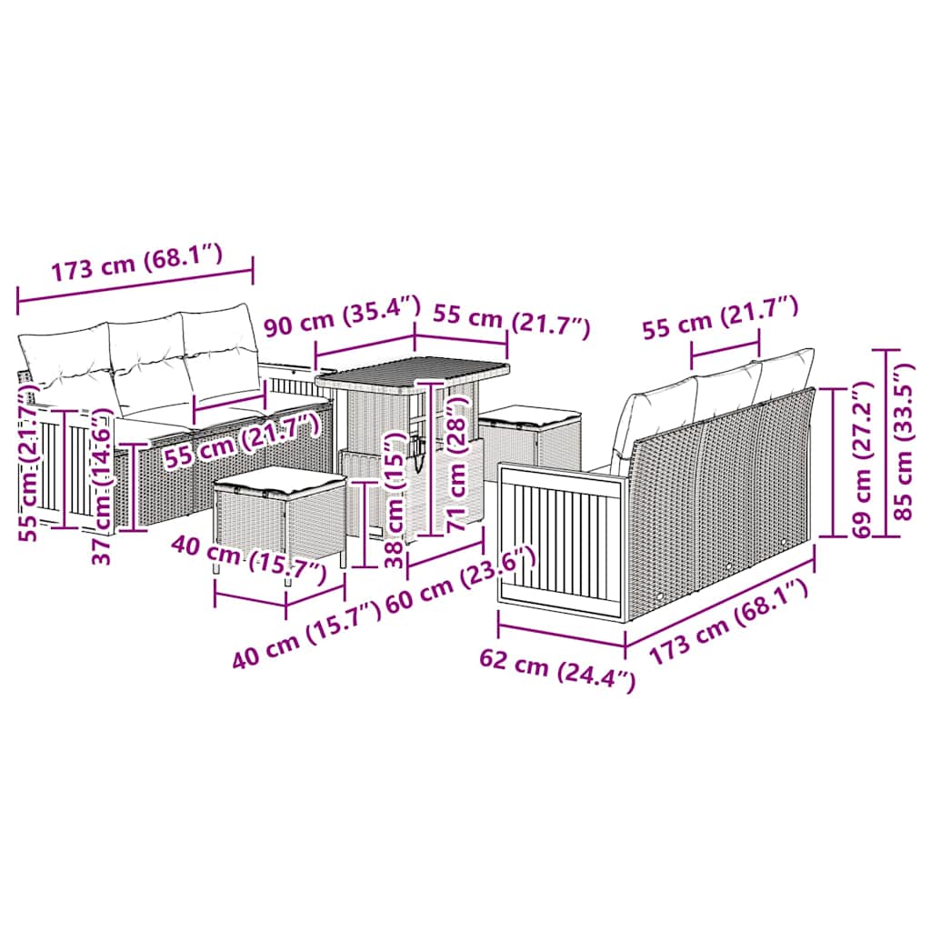 Set Divano da Giardino con cuscino 9 pcs Grigio 90 x 55 x 71 cm - immagine 9
