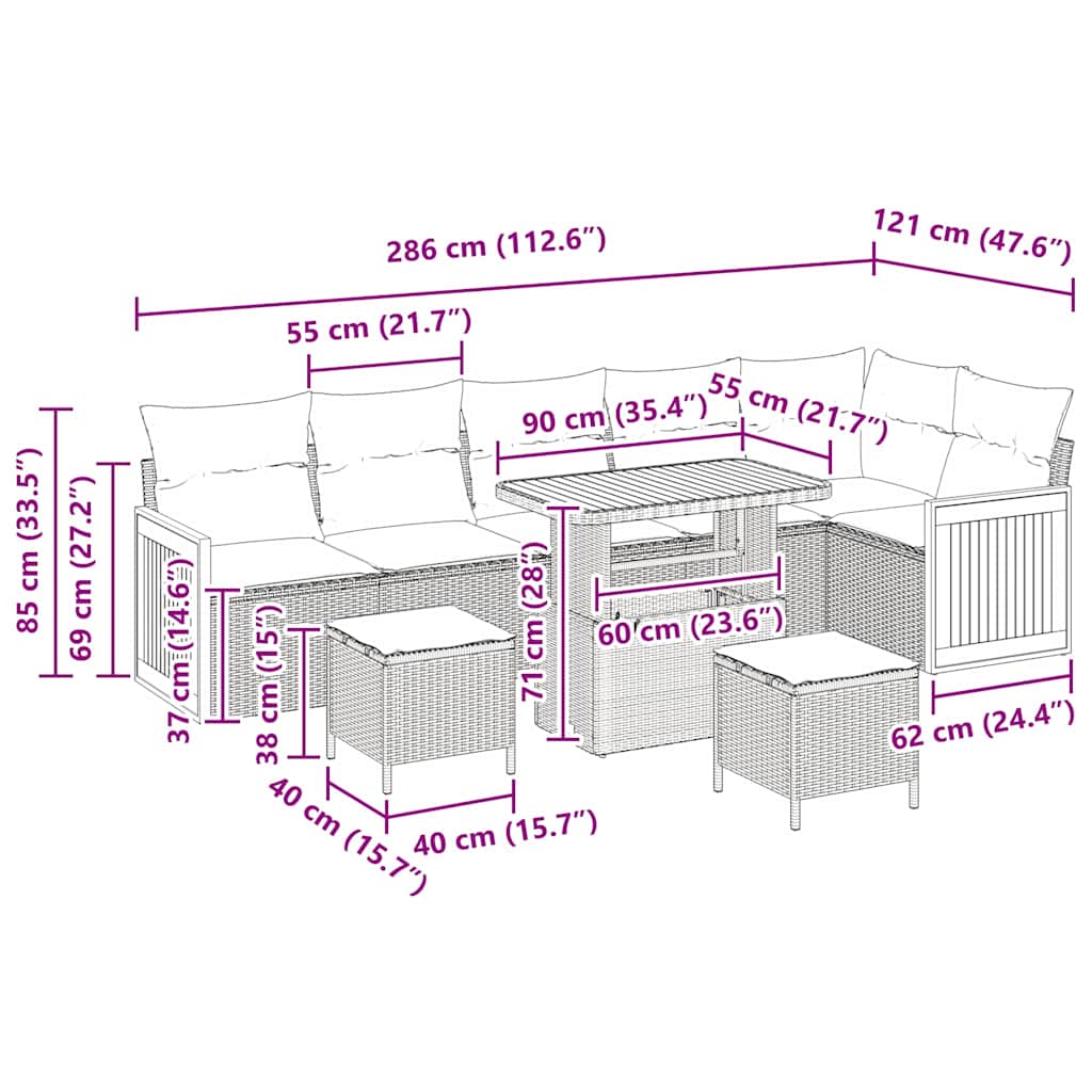 Set Divano da Giardino con cuscino 9 pcs beige e grigio chiaro - immagine 6